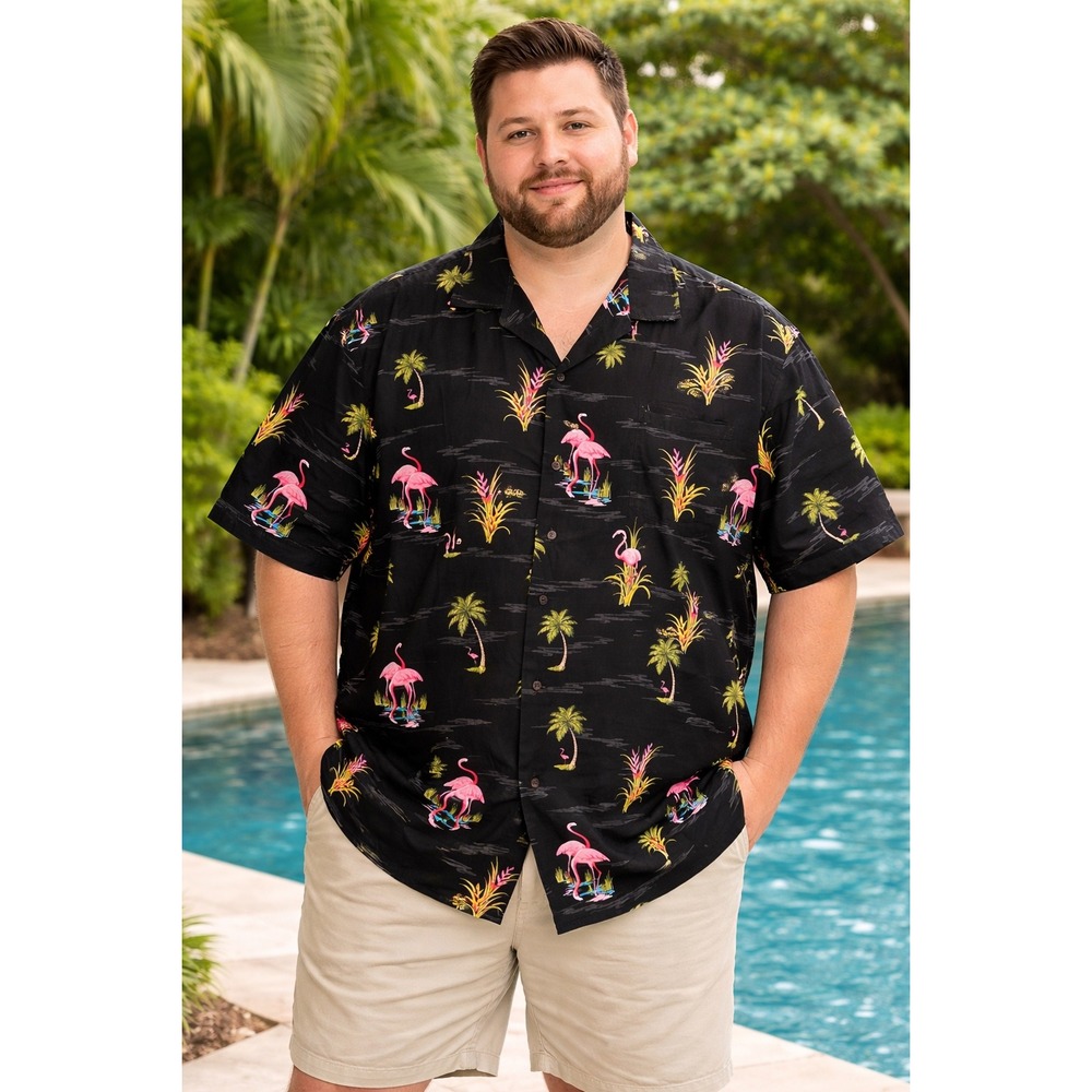 Pacific Legend Mens 3XL Hawaiian Shirt Black Flamingo Palm Tree Cotton USA NWT